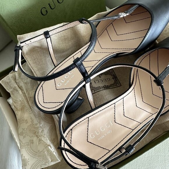 NEW Gucci WOMEN'S PETITE GG SLINGBACK PUMPS HEELS Sz 38.5 Black Strap - Picture 8 of 11